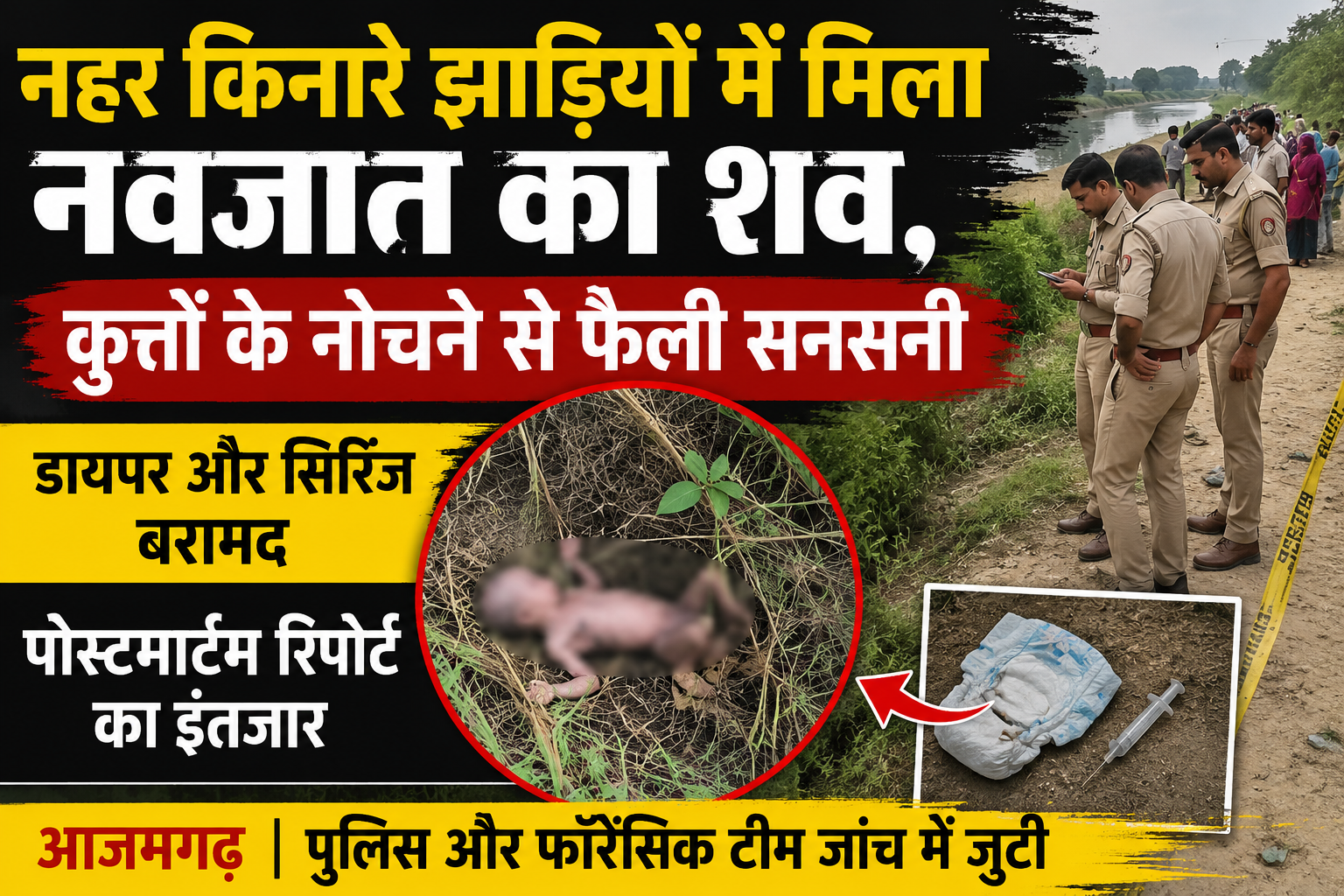 आजमगढ़ नहर किनारे झाड़ियों में मिला नवजात का शव,कुत्तों के नोचने से फैली सनसनी