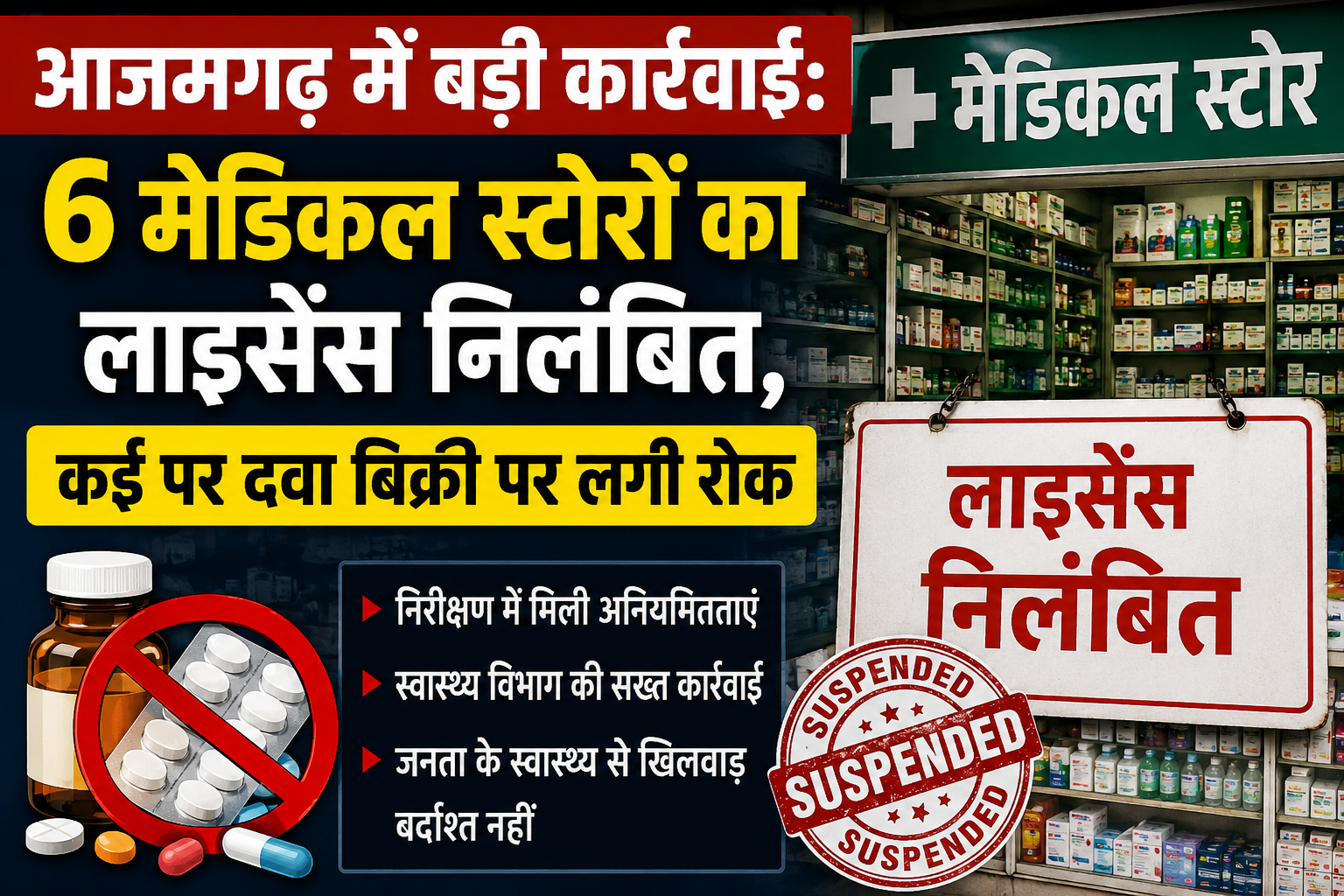 आजमगढ़ में बड़ी कार्रवाई: 6 मेडिकल स्टोरों का लाइसेंस निलंबित, कई पर दवा बिक्री पर लगी रोक