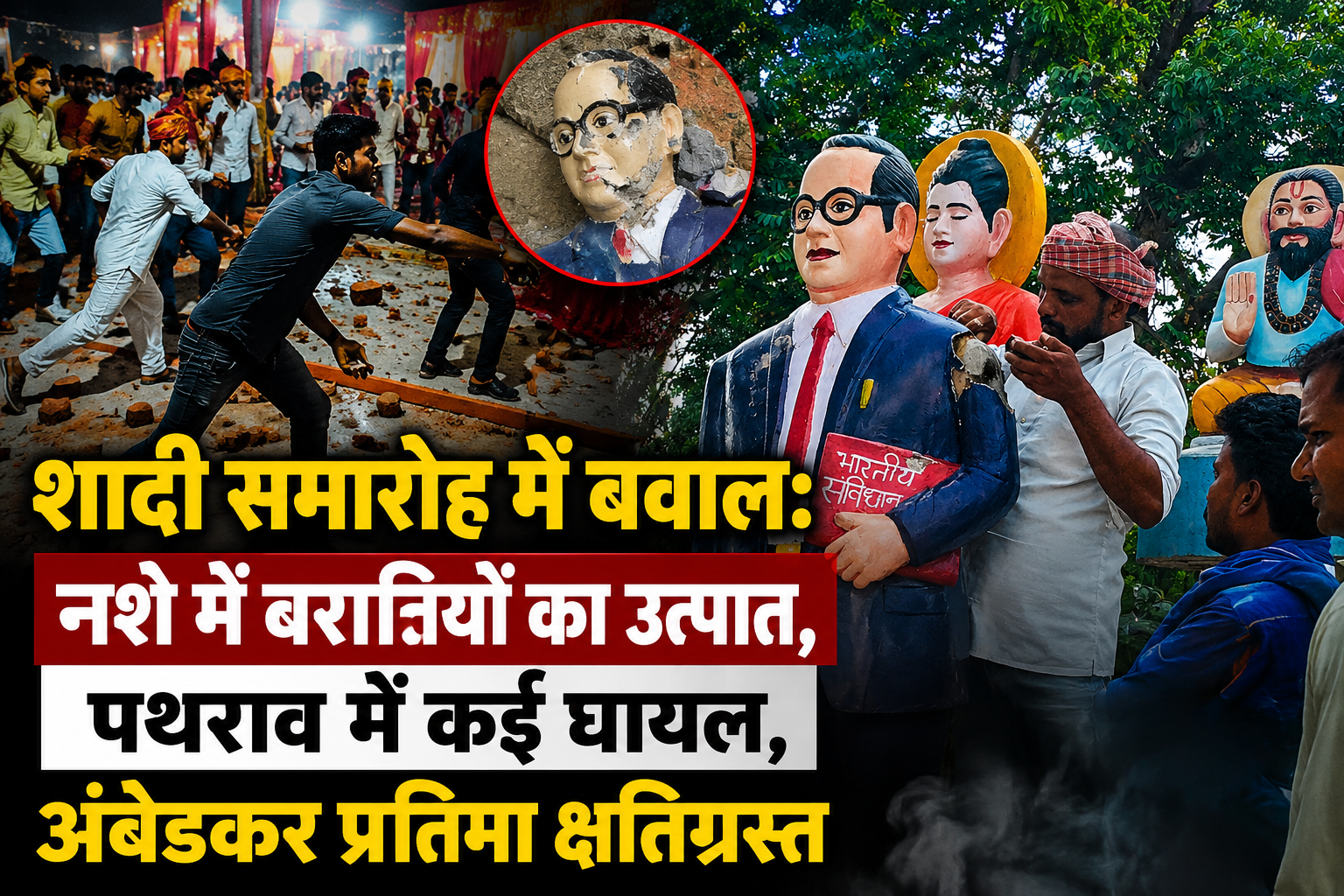 आजमगढ़ में शादी समारोह में बवाल: नशे में बरातियों का उत्पात, पथराव में कई घायल, अंबेडकर प्रतिमा क्षतिग्रस्त