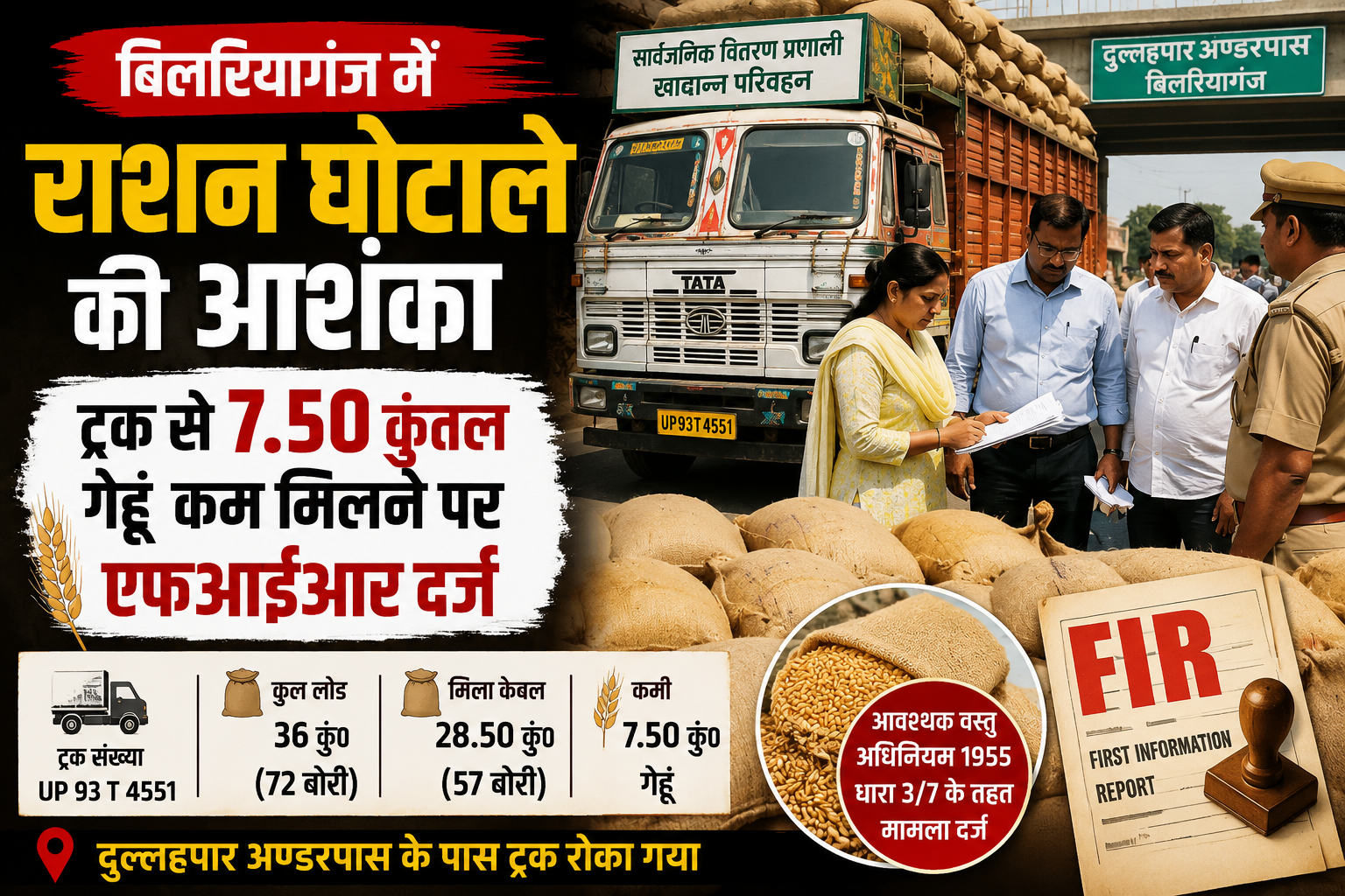 बिलरियागंज में राशन घोटाला, ट्रक से 7.50 कुंतल गेहूं कम मिलने पर एफआईआर दर्ज