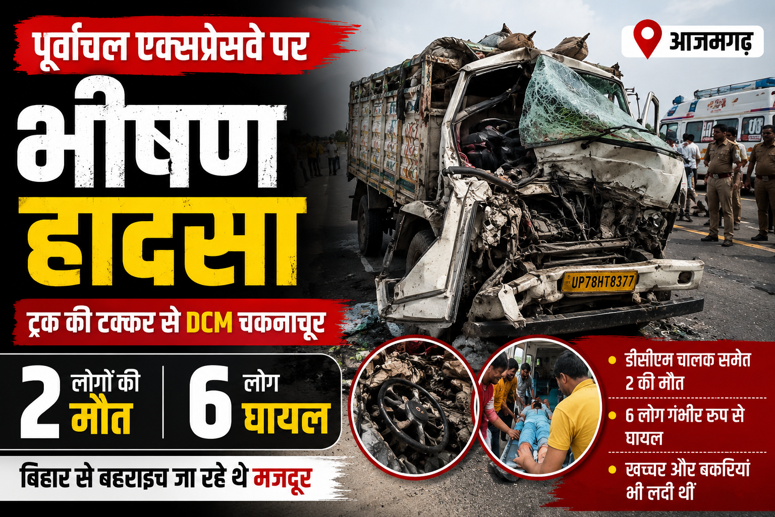 पूर्वांचल एक्सप्रेसवे पर भीषण हादसाDCM चालक समेत 2 की मौत,6 घायल,ट्रक की टक्कर से मचा कोहराम