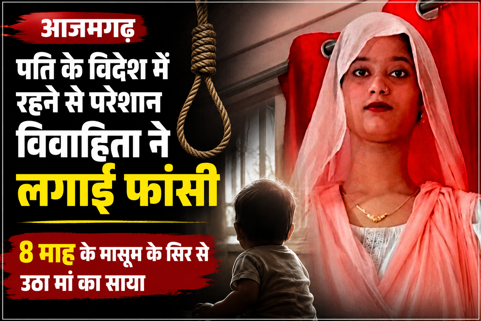 आजमगढ़ में पति के विदेश में रहने से परेशान विवाहिता ने लगाई फांसी,8 माह के मासूम के सिर से उठा मां का साया