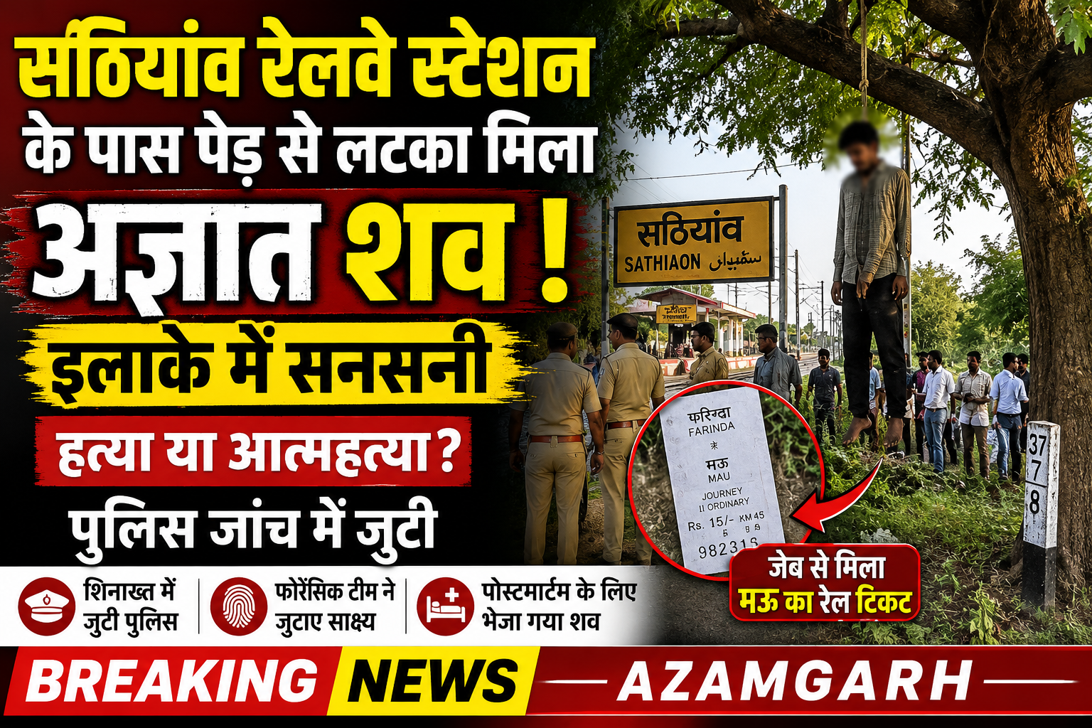 सठियांव रेलवे स्टेशन के पास पेड़ से लटका मिला अज्ञात शव! इलाके में सनसनी, हत्या या आत्महत्या? पुलिस जांच में जुटी