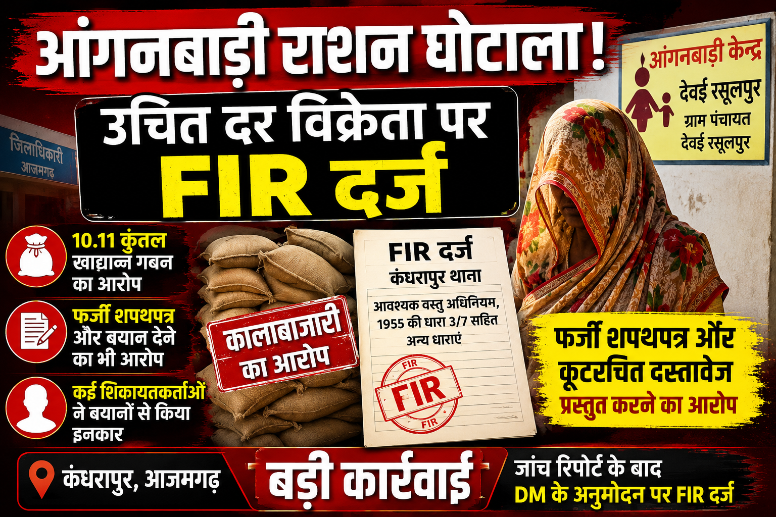 आजमगढ़ आंगनबाड़ी के खाद्यान्न में कथित कालाबाजारी का मामला,उचित दर विक्रेता सरिता देवी पर FIR दर्ज, फर्जी शपथपत्र व बयान देने का भी आरोप