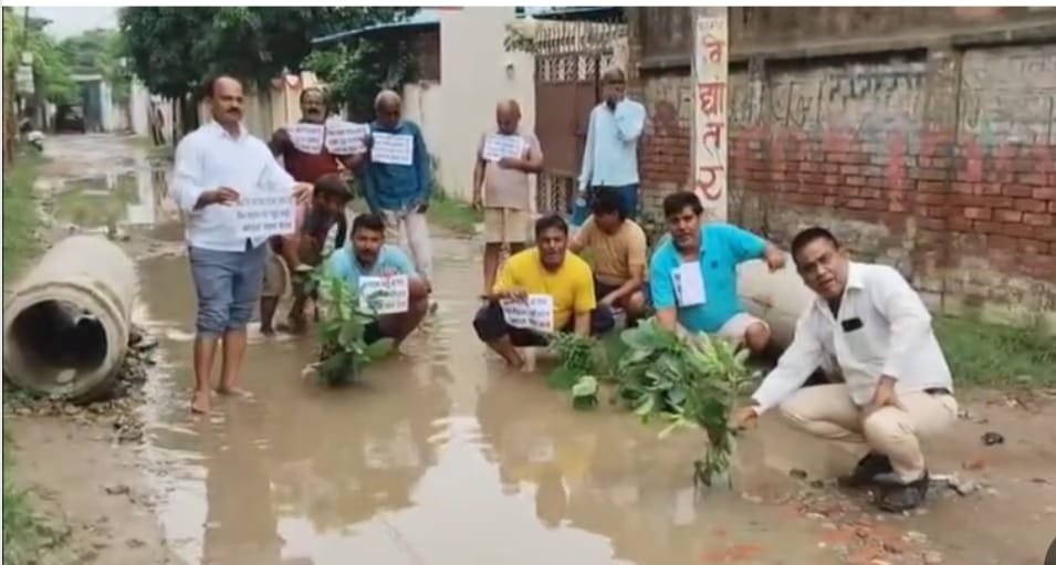 आजमगढ़ जर्जर सड़क के गड्ढों में पौधारोपण कर भारत रक्षा दल का अनोखा विरोध, प्रशासन को दी बड़े आंदोलन की चेतावनी