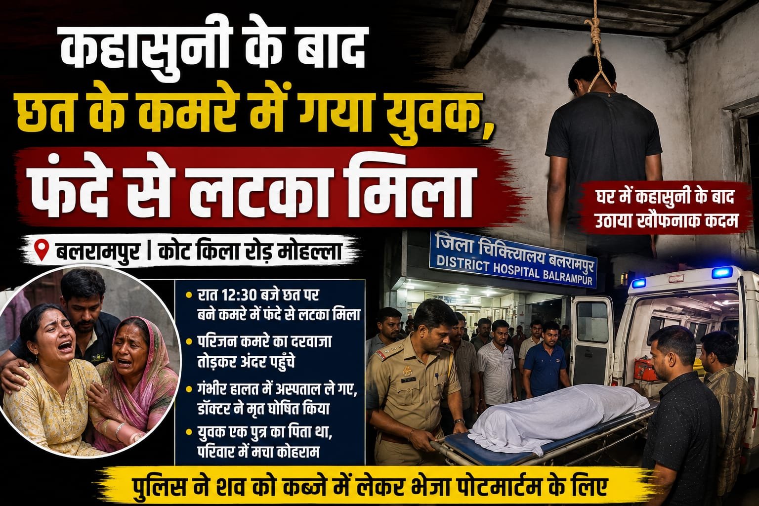 आजमगढ़ कहासुनी के बाद छत के कमरे में गया युवक, फंदे से लटका मिला बलरामपुर के कोट किला रोड मोहल्ले की घटना