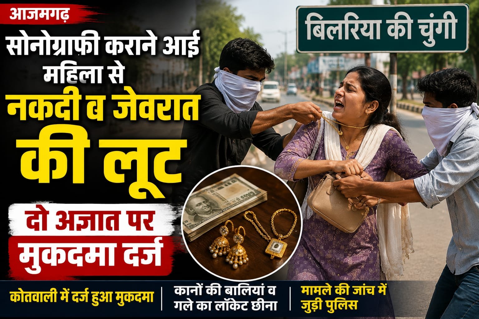 आजमगढ़ सोनोग्राफी कराने गई महिला से दिनदहाड़े लूट, बालियां और लॉकेट छीनकर फरार हुए दो युवक मुकदमा दर्ज