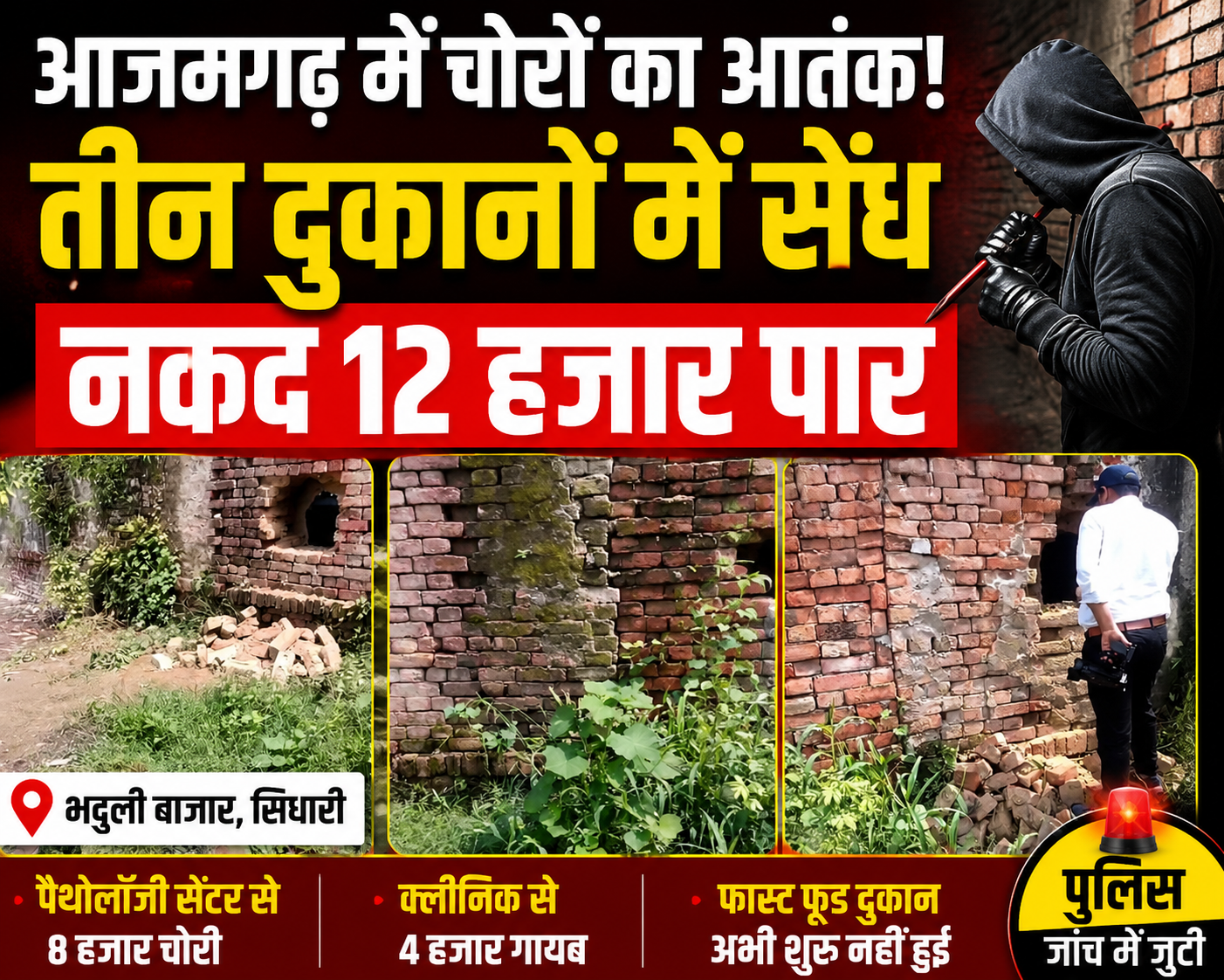 आजमगढ़ में चोरों का आतंक! तीन दुकानों में सेंध, कई हजार रुपये नकद ले उड़े चोर