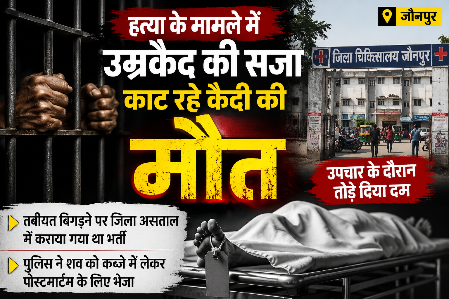जौनपुर में हत्या के मामले में उम्रकैद की सजा काट रहे आजमगढ़ के कैदी की उपचार के दौरान मौत, पोस्टमार्टम के लिए भेजा गया शव