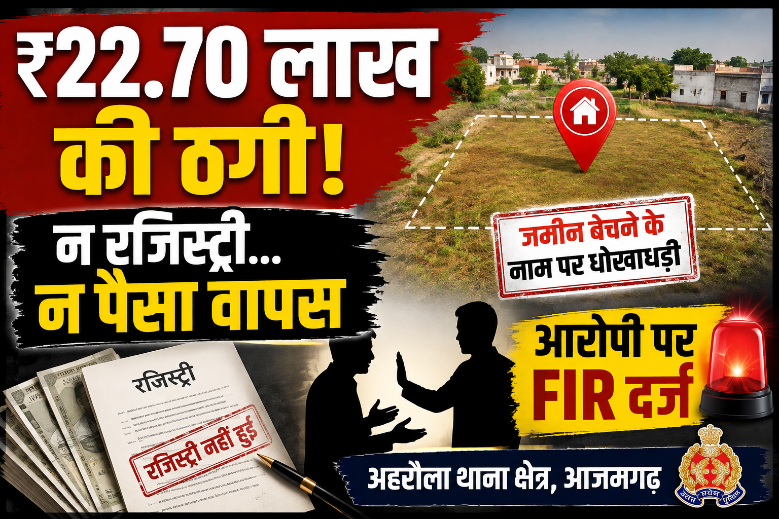 आजमगढ़ 22.70 लाख लेकर नहीं की जमीन की रजिस्ट्री, रकम मांगने पर दी जान से मारने की धमकी, मुकदमा दर्ज