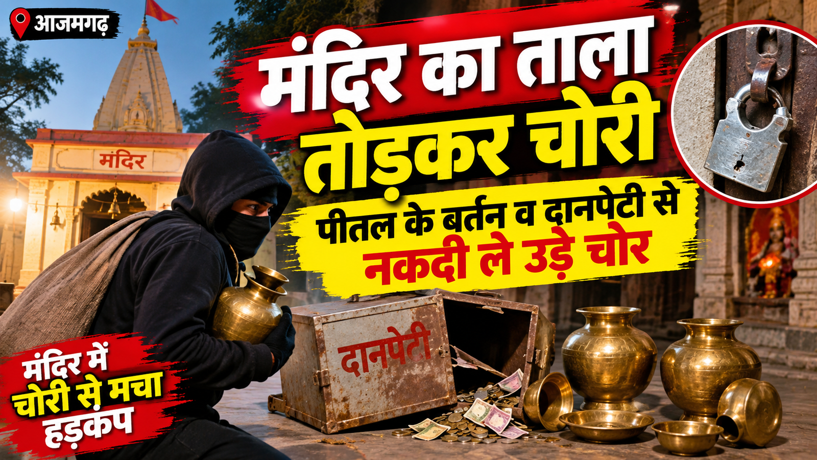 आजमगढ़ मंदिर का ताला तोड़कर चोरी, पीतल के बर्तन व दानपेटी से नकदी ले उड़े चोर