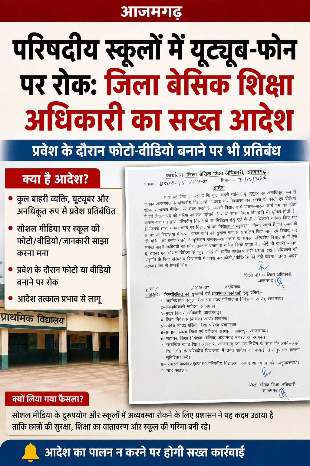 आजमगढ़ परिषदीय स्कूलों में बाहरी लोगों की एंट्री पर रोक,बिना अनुमति फोटो-वीडियो बनाने पर भी प्रतिबंध