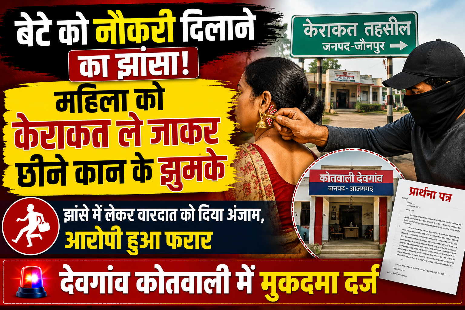 आजमगढ़ बेटे को नौकरी दिलाने के नाम पर महिला को ले गया केराकत, कान के झुमके छीन कर हुआ फरार   महिला को झांसे में लेकर वारदात को दिया अंजाम, देवगांव कोतवाली में मुकदमा दर्ज