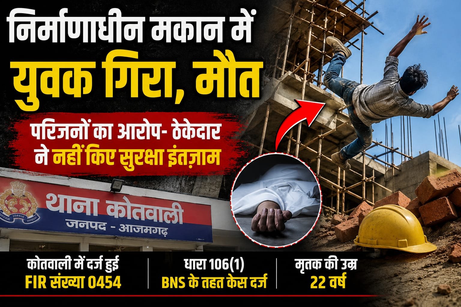 आजमगढ़ निर्माणाधीन मकान से गिरकर 22 वर्षीय युवक की मौत, ठेकेदार पर लापरवाही का आरोप