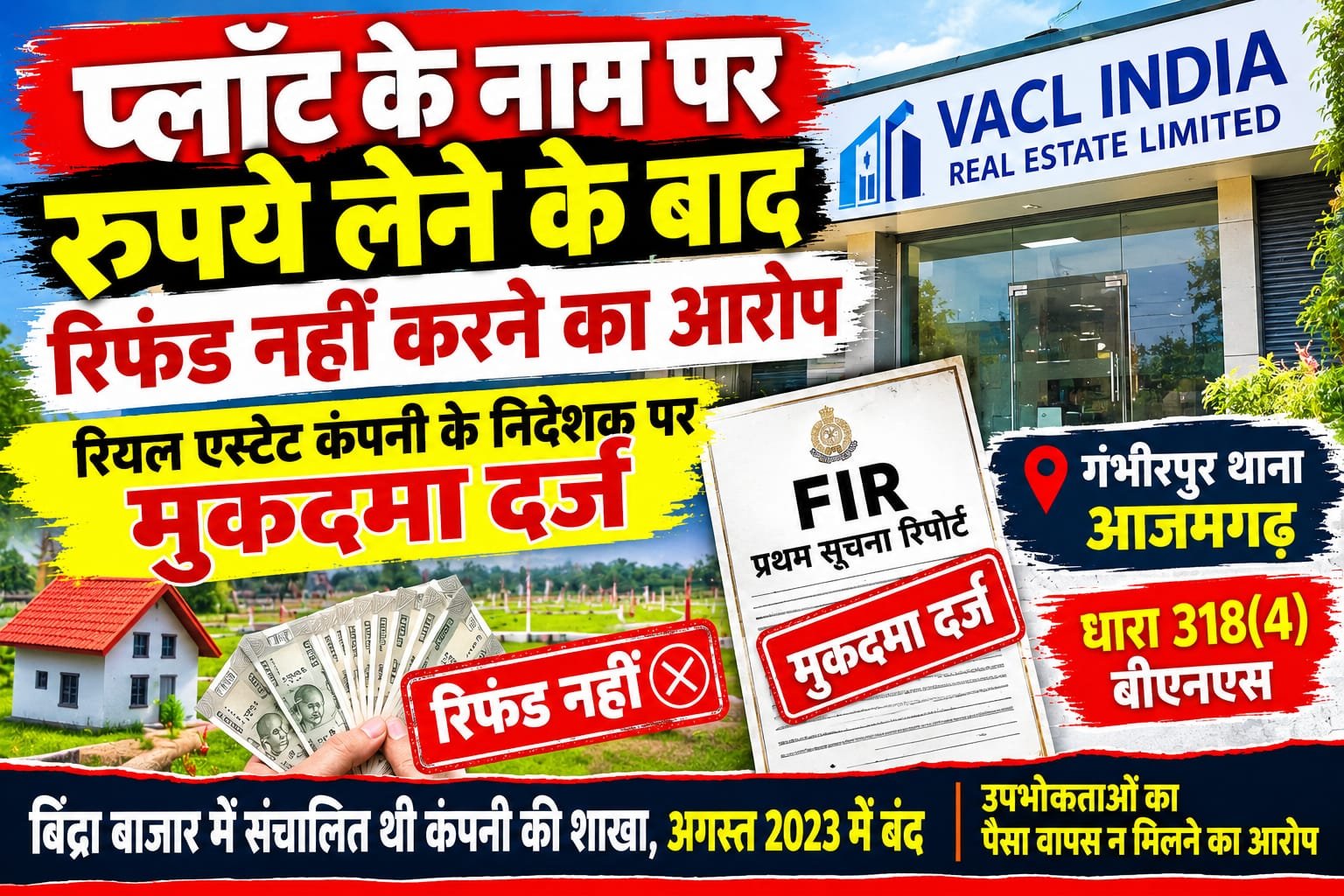 आजमगढ़ प्लॉट के नाम पर रुपये लेने के बाद रिफंड नहीं करने का आरोप, रियल एस्टेट कंपनी निदेशक पर मुकदमा दर्ज़