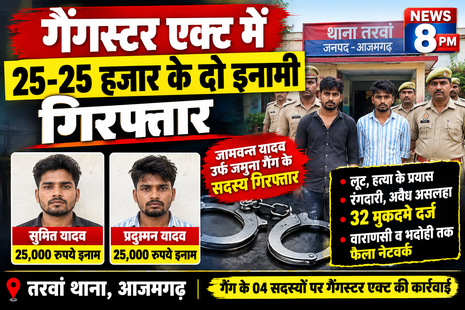 आजमगढ़ गैंगस्टर एक्ट में 25-25 हजार के दो इनामी गिरफ्तार,जामवन्त यादव उर्फ जमुना गैंग पर पुलिस का शिकंजा