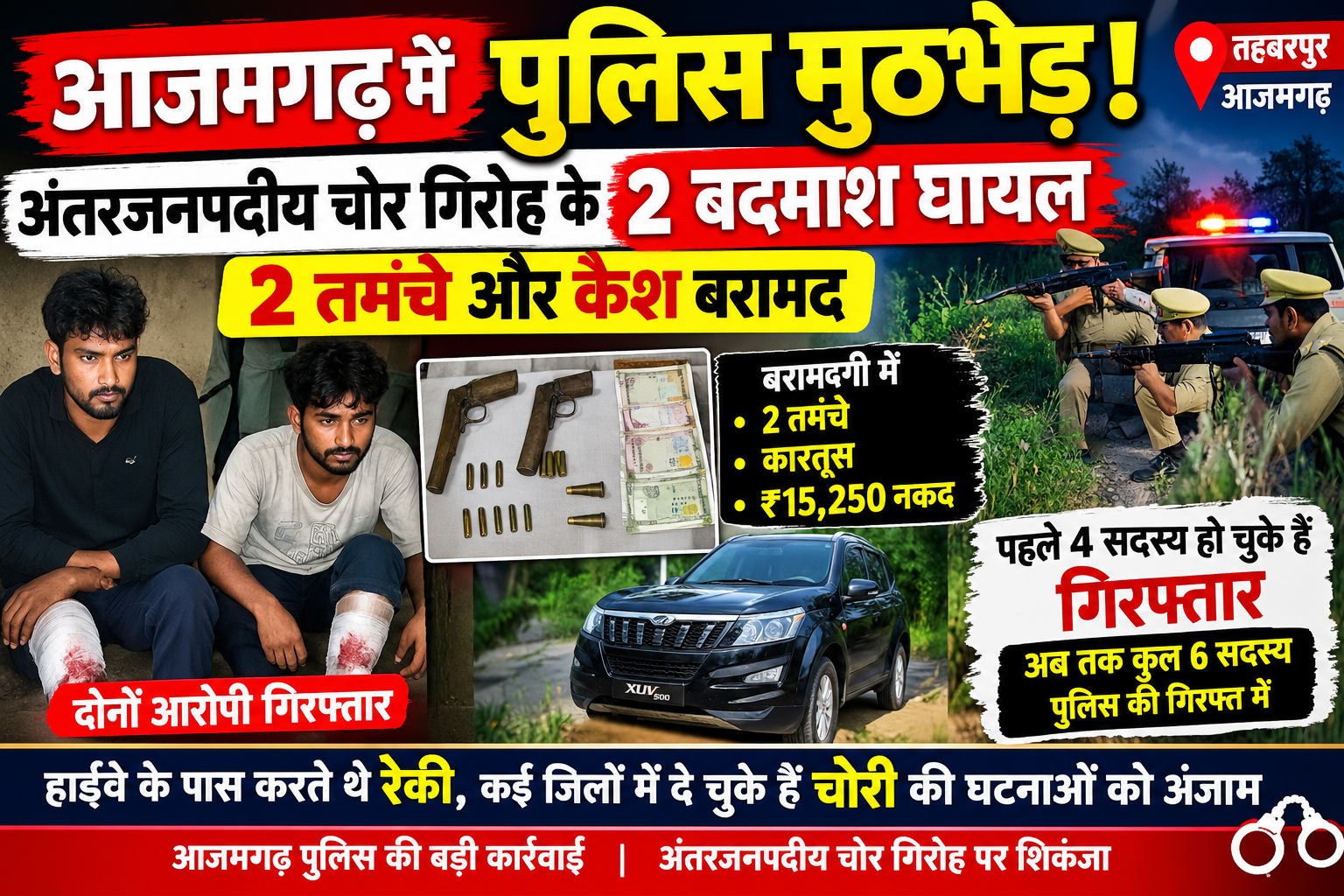 आजमगढ़ में पुलिस मुठभेड़! अंतरजनपदीय चोर गिरोह के 2 बदमाश घायल, 2 तमंचे और कैश बरामद